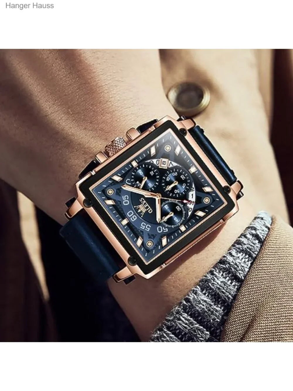 Men's Square Dial Quartz Leather Watch Waterproof Casual Date Display Analog